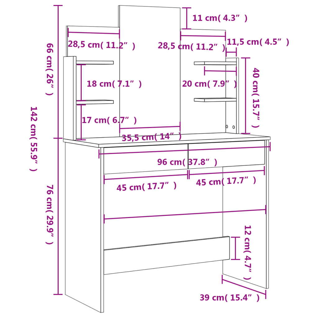 Kaptafel Met Spiegel 96X39X42 Cm Wit