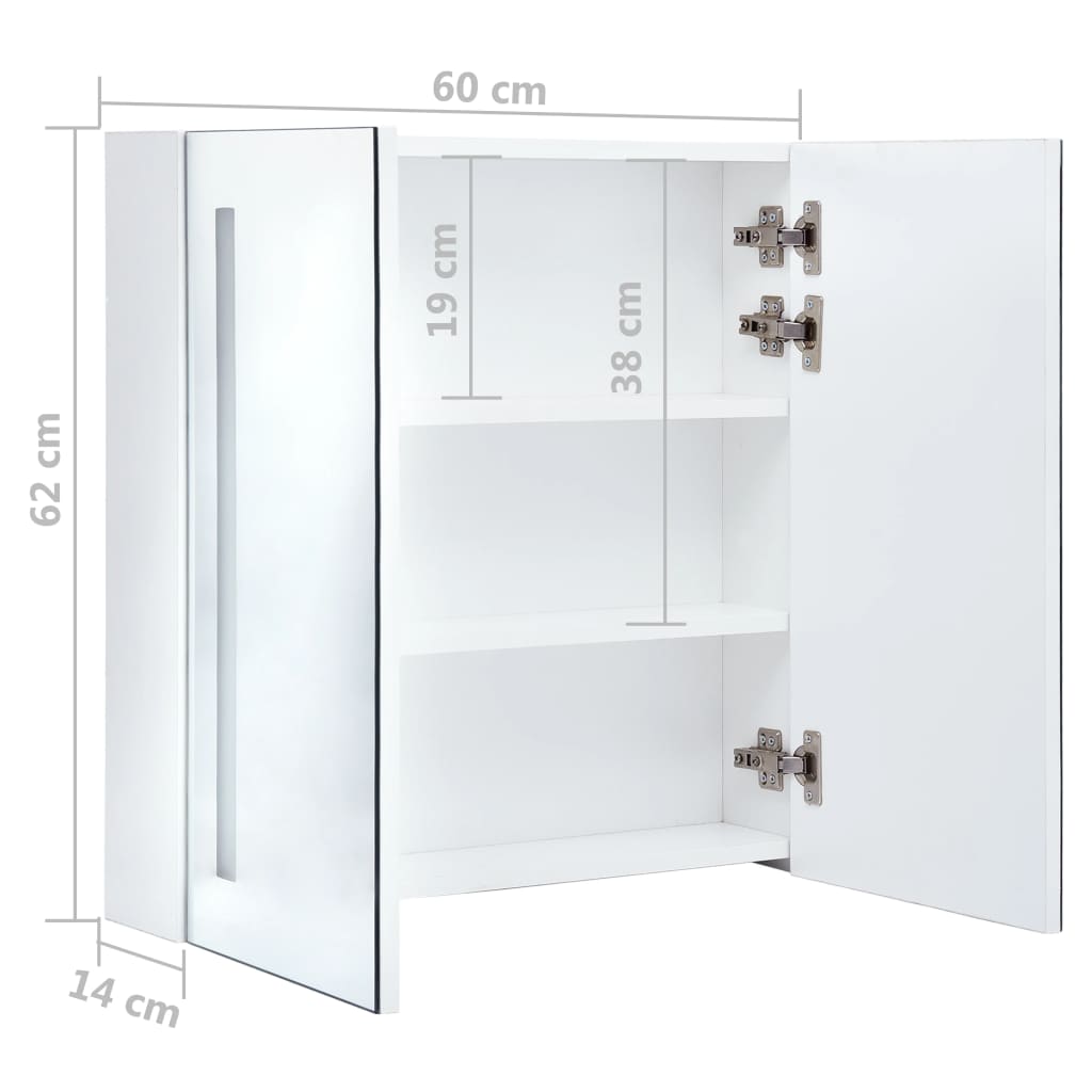 LED Wandspiegelkast (60 x 14 x 62 cm) in Wit en Zilver met 3 Schappen en 2 Deuren"