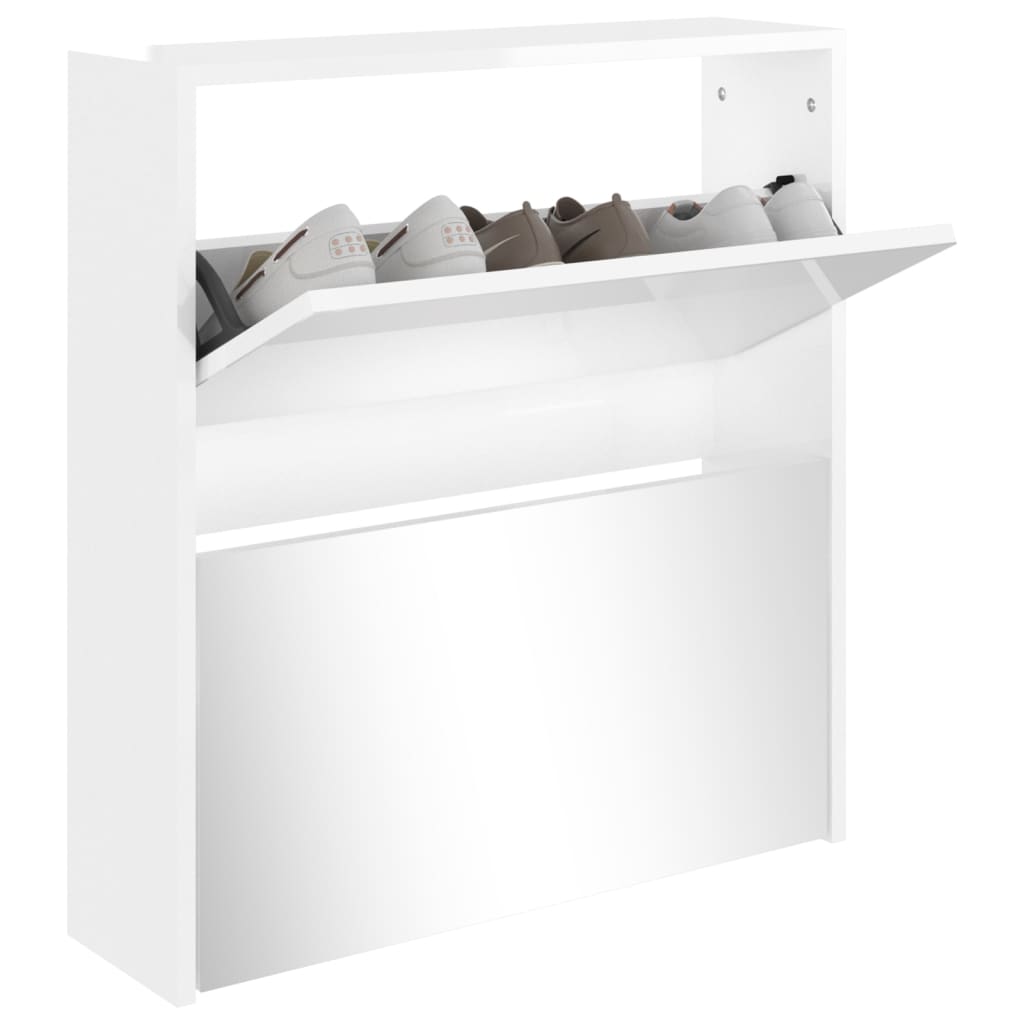 Schoenenkast Met Spiegel 2-Laags 63X17X67 Cm Hoogglans Wit